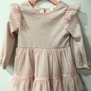 Pink Ruffle Shoulder Dress with Silver Sparkle Underlay – 18 Months
